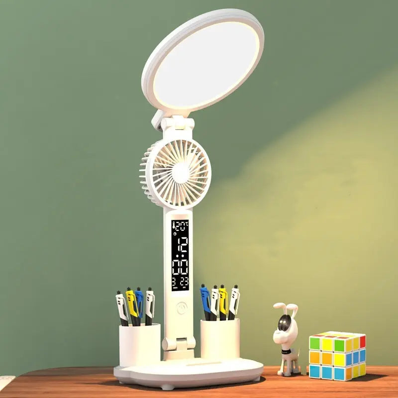 LED Clock Table Lamp USB Chargeable Dimmable Desk Lamp Plug-in LED Fan Light Foldable Eye Protection Reading Night Light Utilityhubb