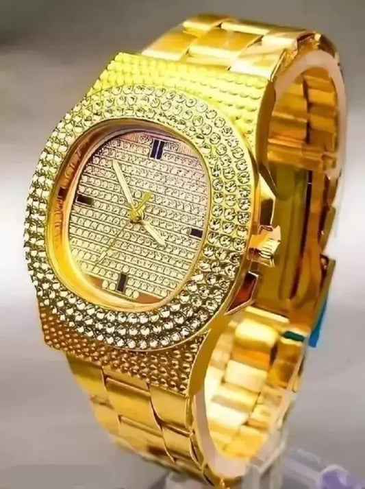 Golden Stone Studded Diamond Wrist Watch For Boys & Men - Utilityhubb